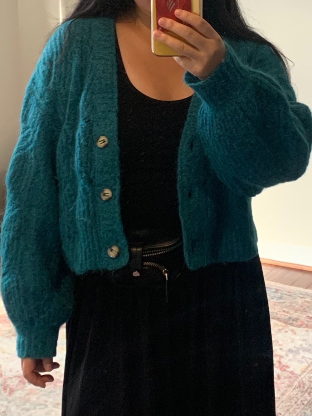 Anthropologie Teal Alpaca Wool Cropped fuzzy Cardigan Size M